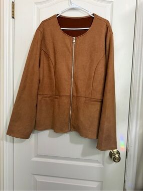 Women's Camel Suede-Look Zip Front Faux Suede Jacket